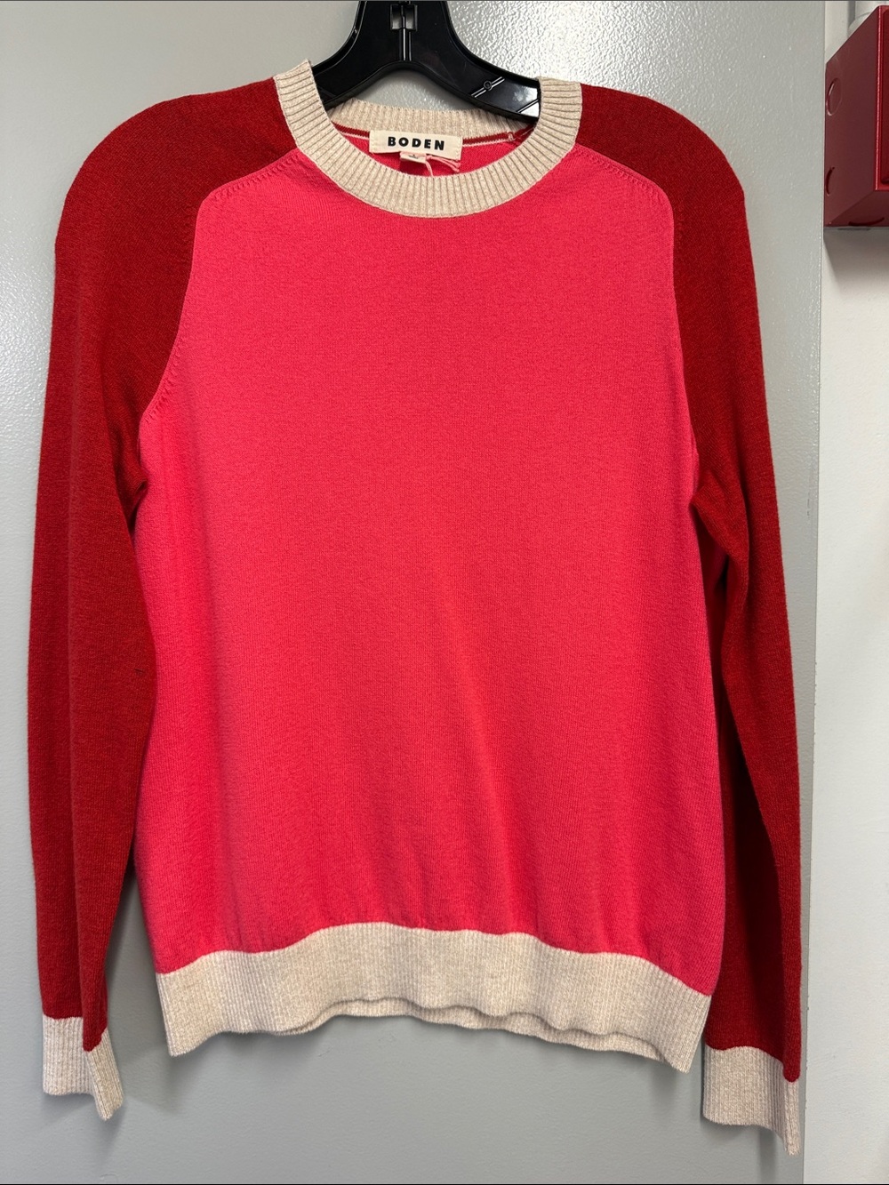 Boden Pink Body with Red Raglan Sleeve Colorblock Crewneck Sweater